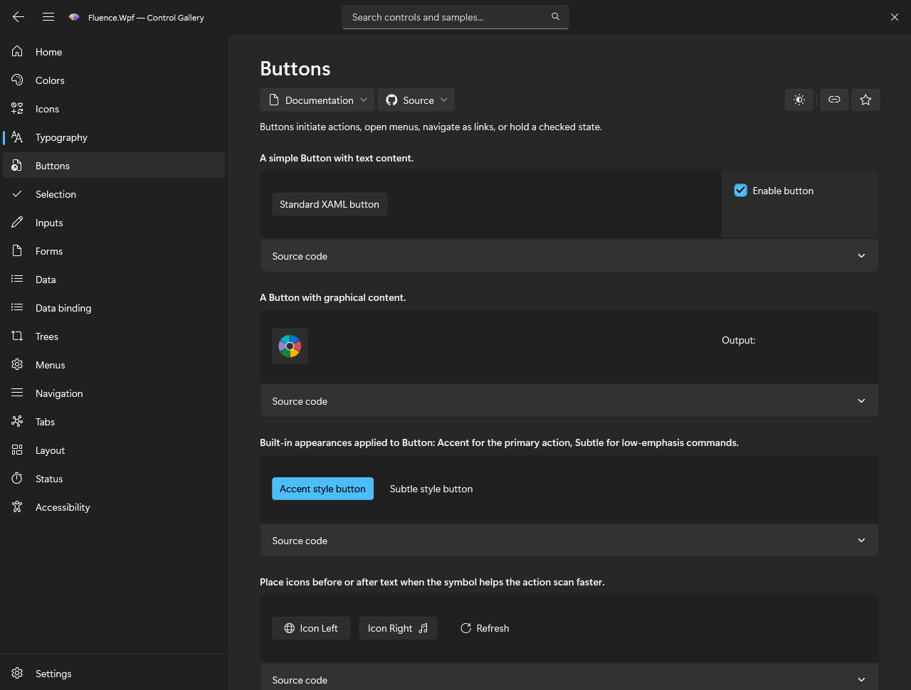 Gallery button examples using the dark theme