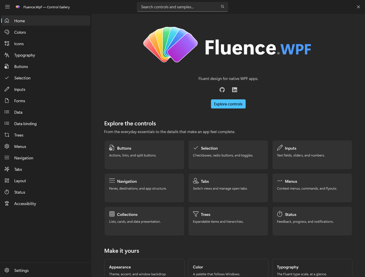 Fluence gallery home using the dark theme