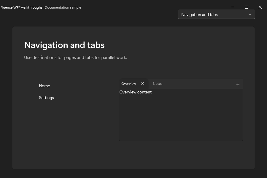 Navigation and tabs demo in dark mode