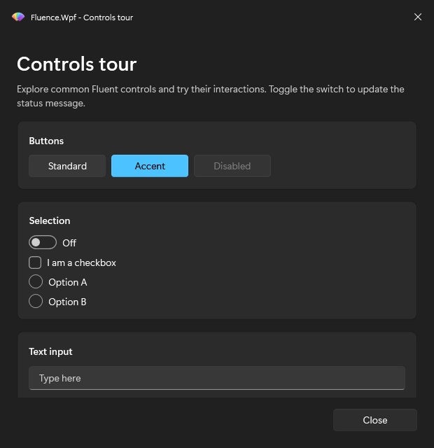 ControlsTour window in dark mode