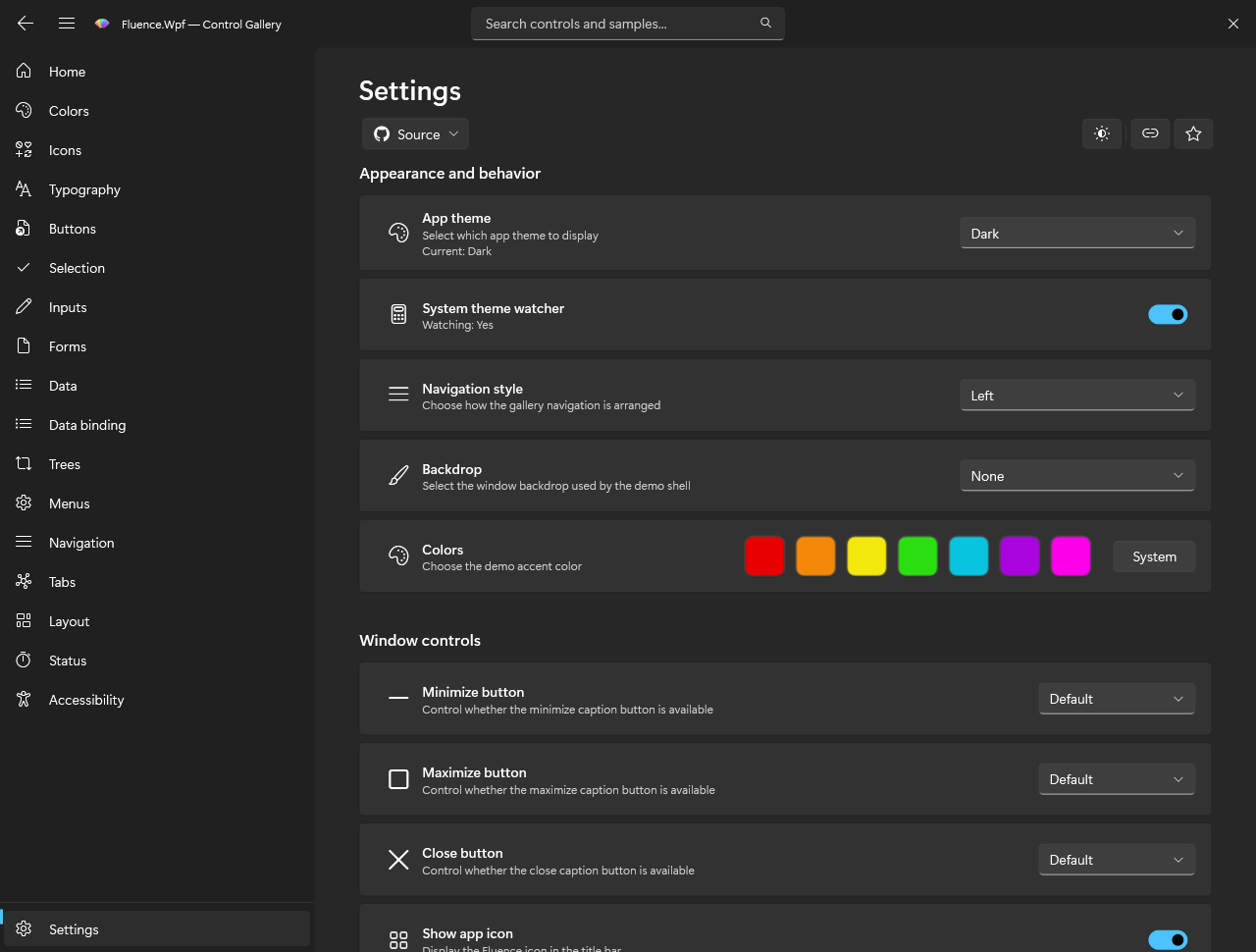 Gallery Settings route in dark mode