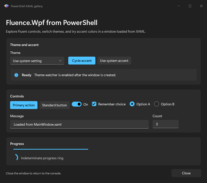 PowerShell hosted window with Fluence controls